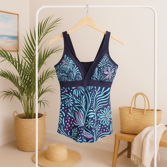 Womens Blue Floral Swimsuit Skirted Tankini Black Boy Shorts Swimdress XXL NWOT - Picture 1 of 15